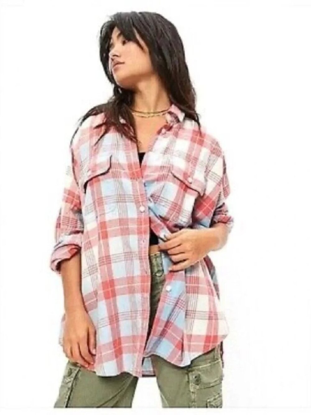 American Eagle Go Big Beach Plaid Button Up Oversize Shirt m